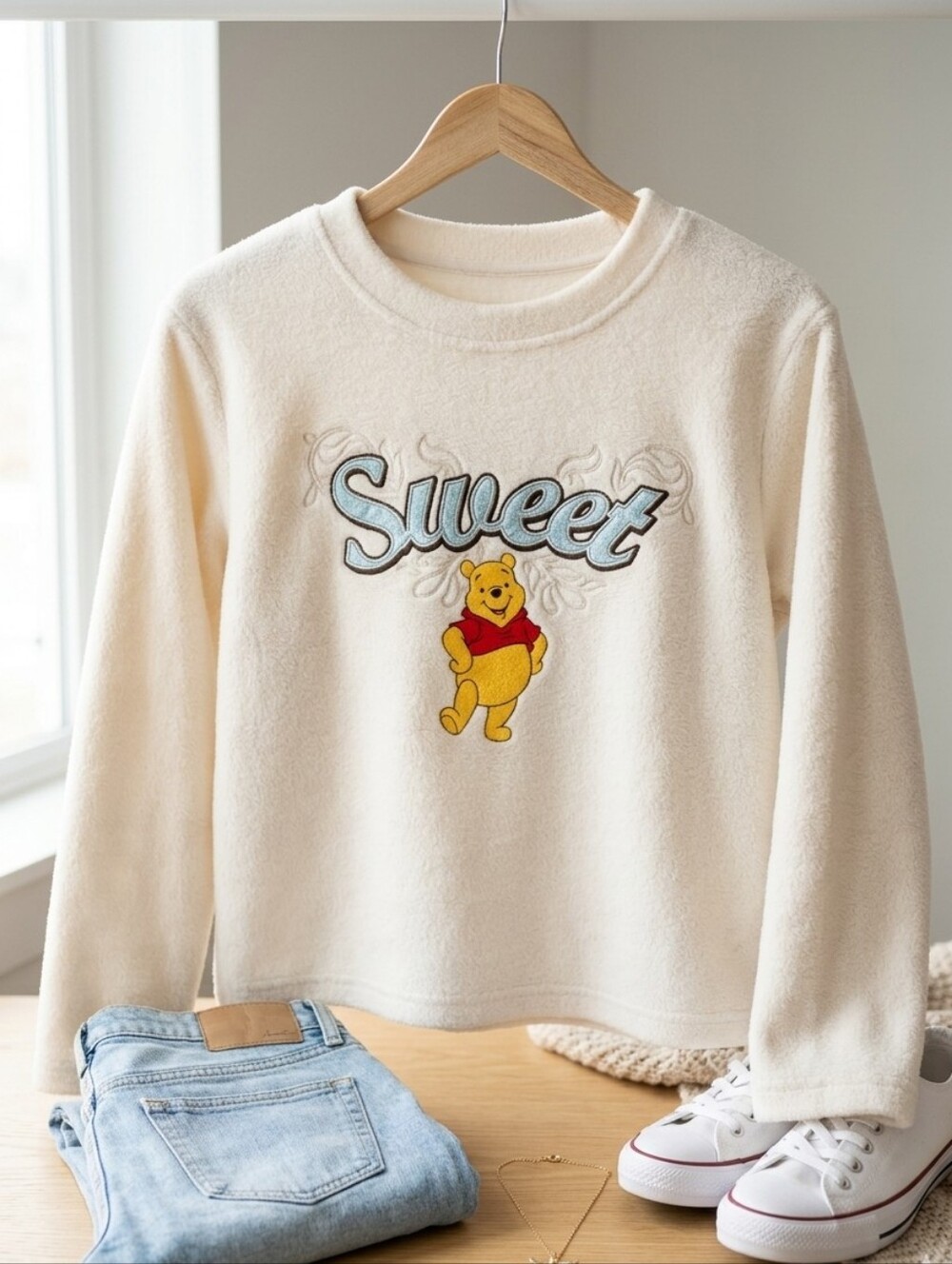 Disney Winnie the Pooh Fuzzy Cream Sweater Pullover PJ Top Crewneck Sweatshirt